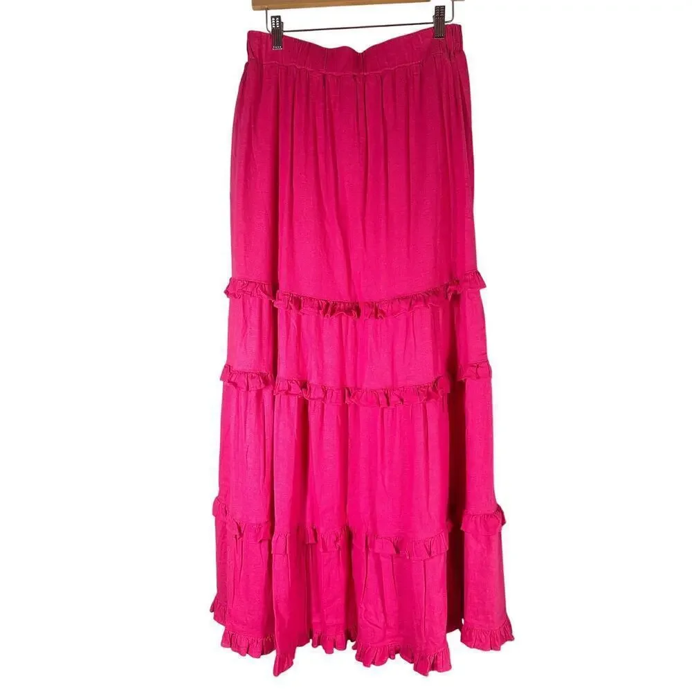 Cupio Ruffle Tiered Maxi Modest Linen Blend  Skirt Size Medium Elastic Waist